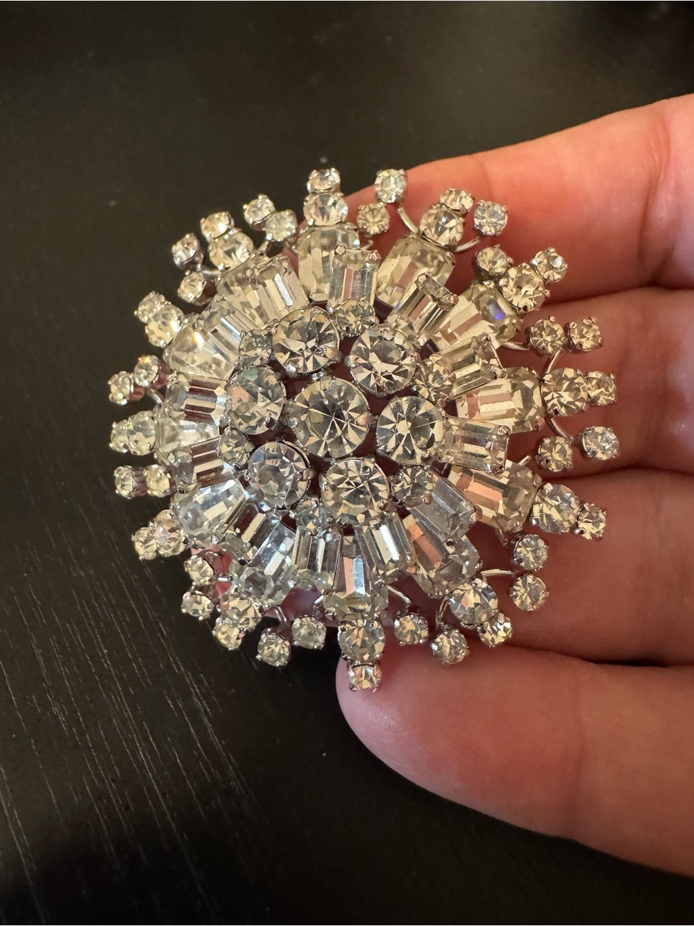 Austria vintage crystal domed silver tone brooch, EUC. All stones are bright.